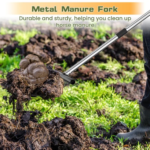 Manure Fork, Metal Horse Manure Rake with 2 Dura Fork Replacement Heads and 1 Steel Handle, Rust-Proof Heavy Duty Hay Rake Pitch Fork for Horse Stall Poop