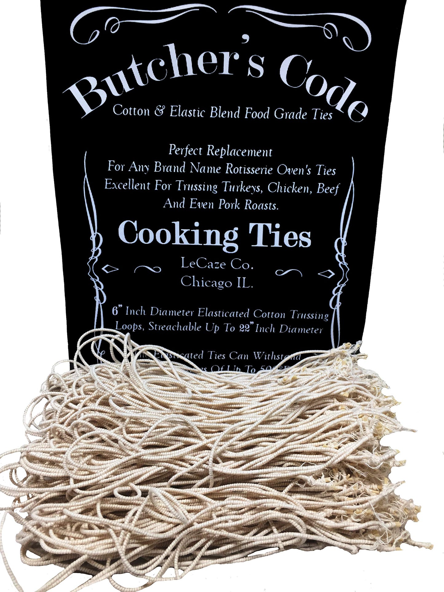 Butchers Code Rotisserie Cooking Ties – 50 Heat-Safe Cotton Elastic Loops | Trussing Twine for Chicken, Turkey, Meat, Roast, Grill, Oven Use