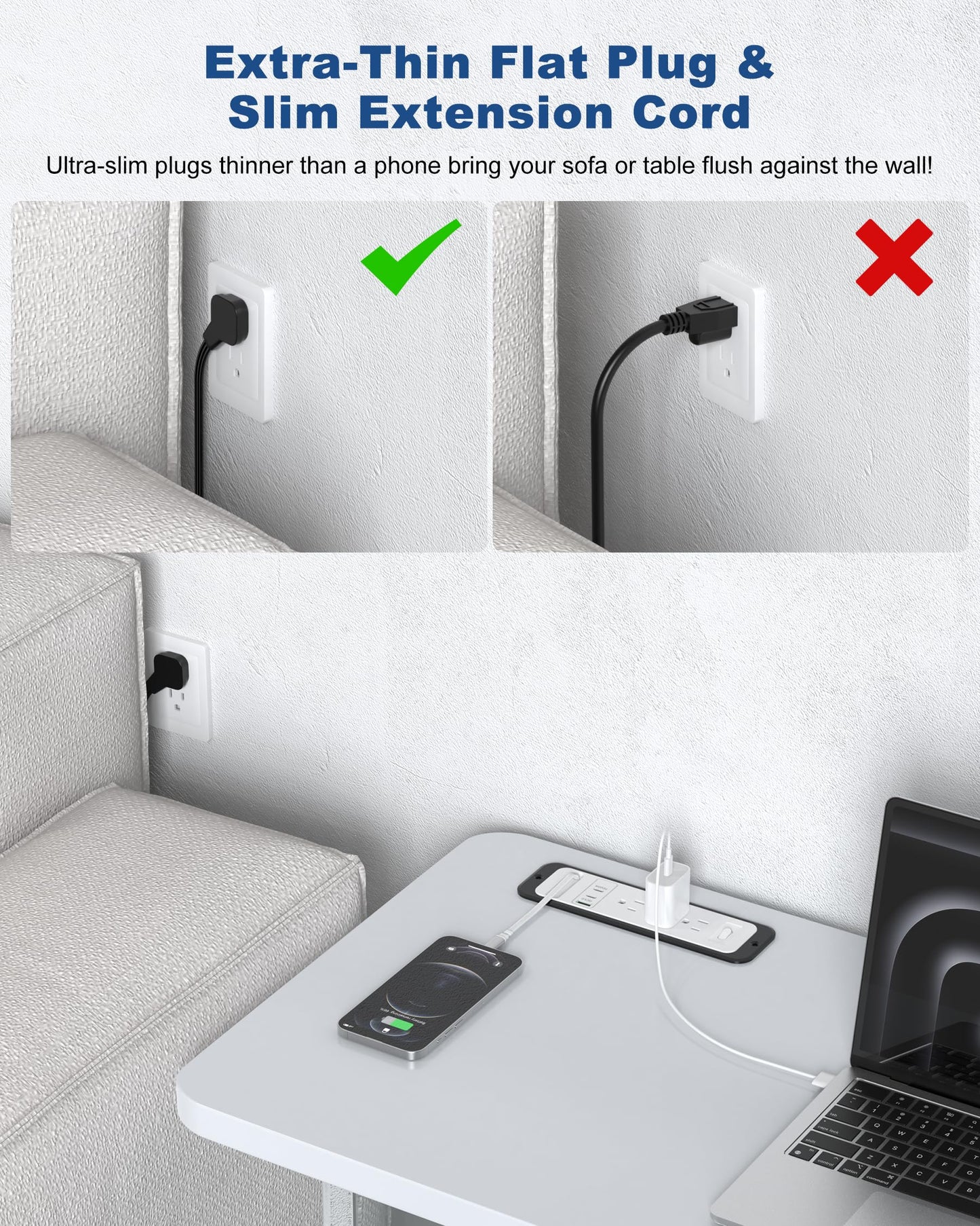 Recessed Power Strip with Retractable USB C Cable,2 PD 20W USB C,Flush Mount Countertop Drawer Outlet, Furniture Hidden Outlet for Side Table,End Table,3 Outlets (White and Black, 6FT-20W)