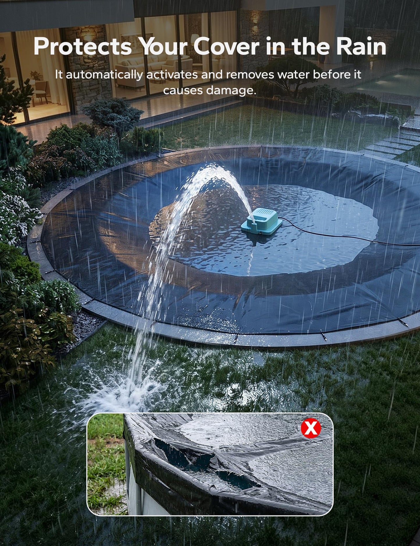 Voeer Pool Cover Pump with Built-in Nozzle, 950 GPH Automatic Submersible Pump, 25ft Cord, Hose Connection Supported, Water Level Indicator, Low-Profile Design, 110W Motor, Waterproof Design