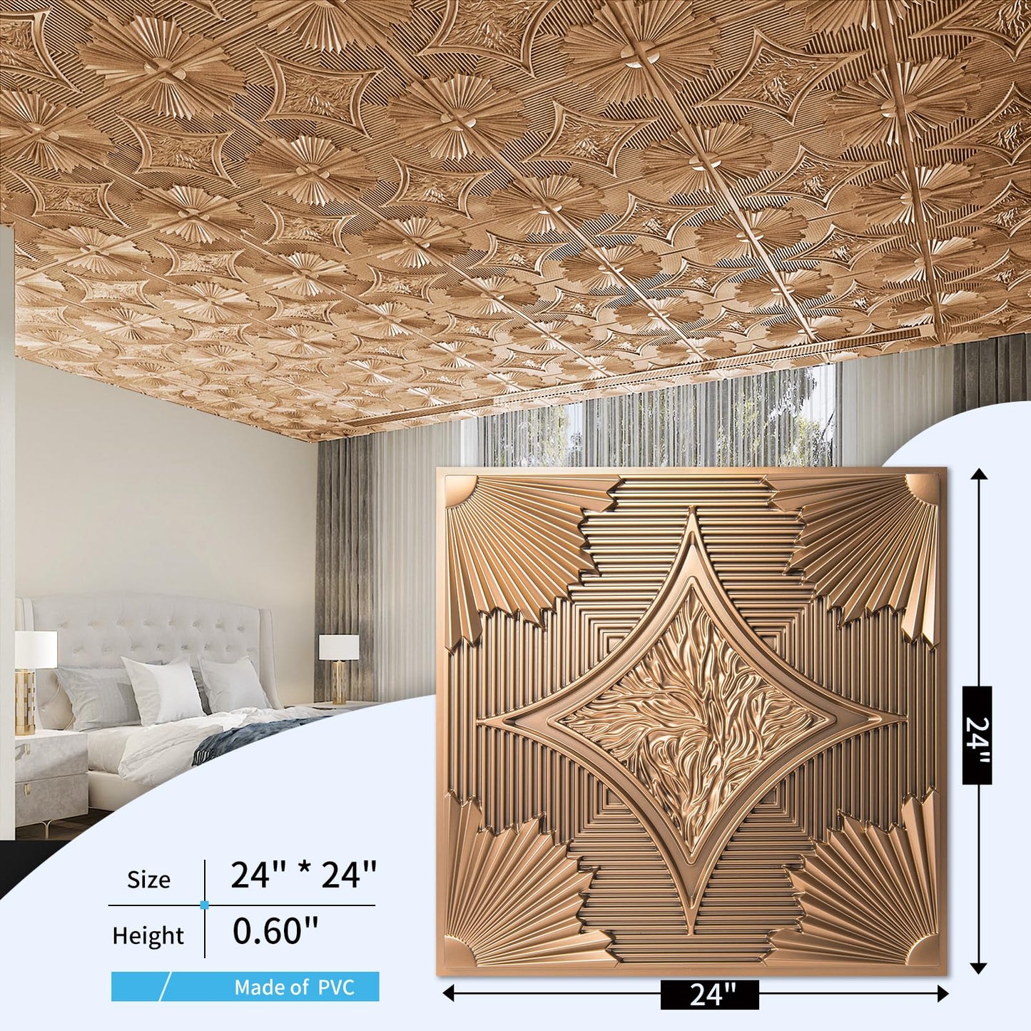 Art3d Drop Ceiling Tiles 24x24 in Bronze (12-Pack, 48 Sq.ft), 3D Wainscoting Panels Glue Up 2x2