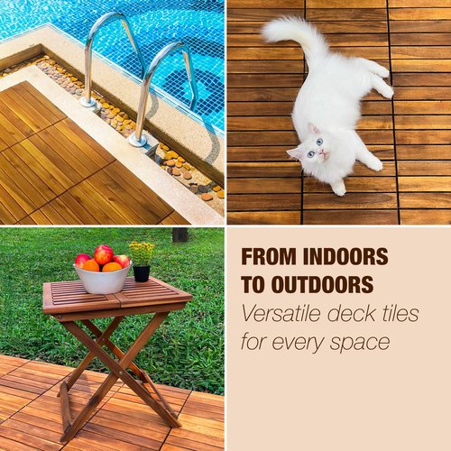 10 pcs Premium Acacia Wood Interlocking Decking Tiles – 12x12x0.9in Weatherproof Patio Flooring Outdoor – Interlocking Deck Tiles for Balcony, Backyar & Poolside, All-Weather Use (Golden Teak Finish)