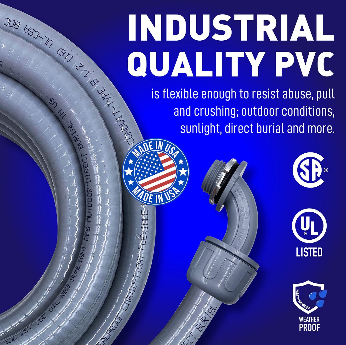 Sealproof 1/2-Inch Non-Metallic Liquid-Tight Conduit and Connector Kit, 25 Foot Made in USA Flexible Electrical Conduit Type B with 4 Straight and 2 90-Degree Conduit Connector Fittings, 1/2" Dia