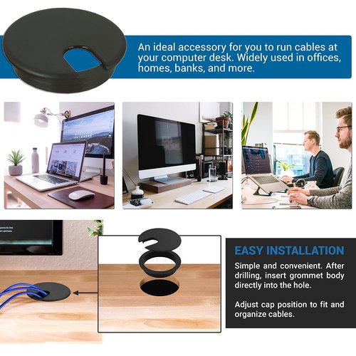 5 Pack Rok Hardware 3" (76mm) Black Round Computer Desk Table Port Wire Cable Cord Organizer Hole Cover Grommet, ROKRG3BLK