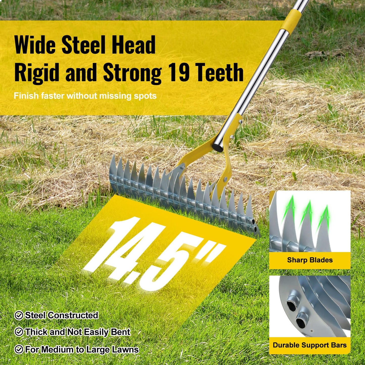 Thatch Rake, 2 in 1 Stainless Steel Garden Rake for Thatch Leaves,55” Heavy Duty 19 Tines Lawn Manual Dethatcher with Adjustable Head,Thatching Rakes for Lawn Yard Grass,Debris Removal, Soil Loosen