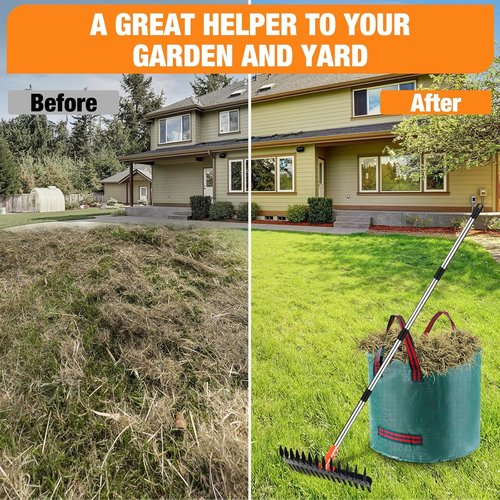 Tolia Thatch Rake for Lawns, 15-Inch Lawn Dethatcher Rake with Gloves & Reusable Yard Waste Bag, Heavy Duty Garden Rakes, Efficient Metal Yard Rake for Removing Dead Grass & Clippings, Loosening Soil