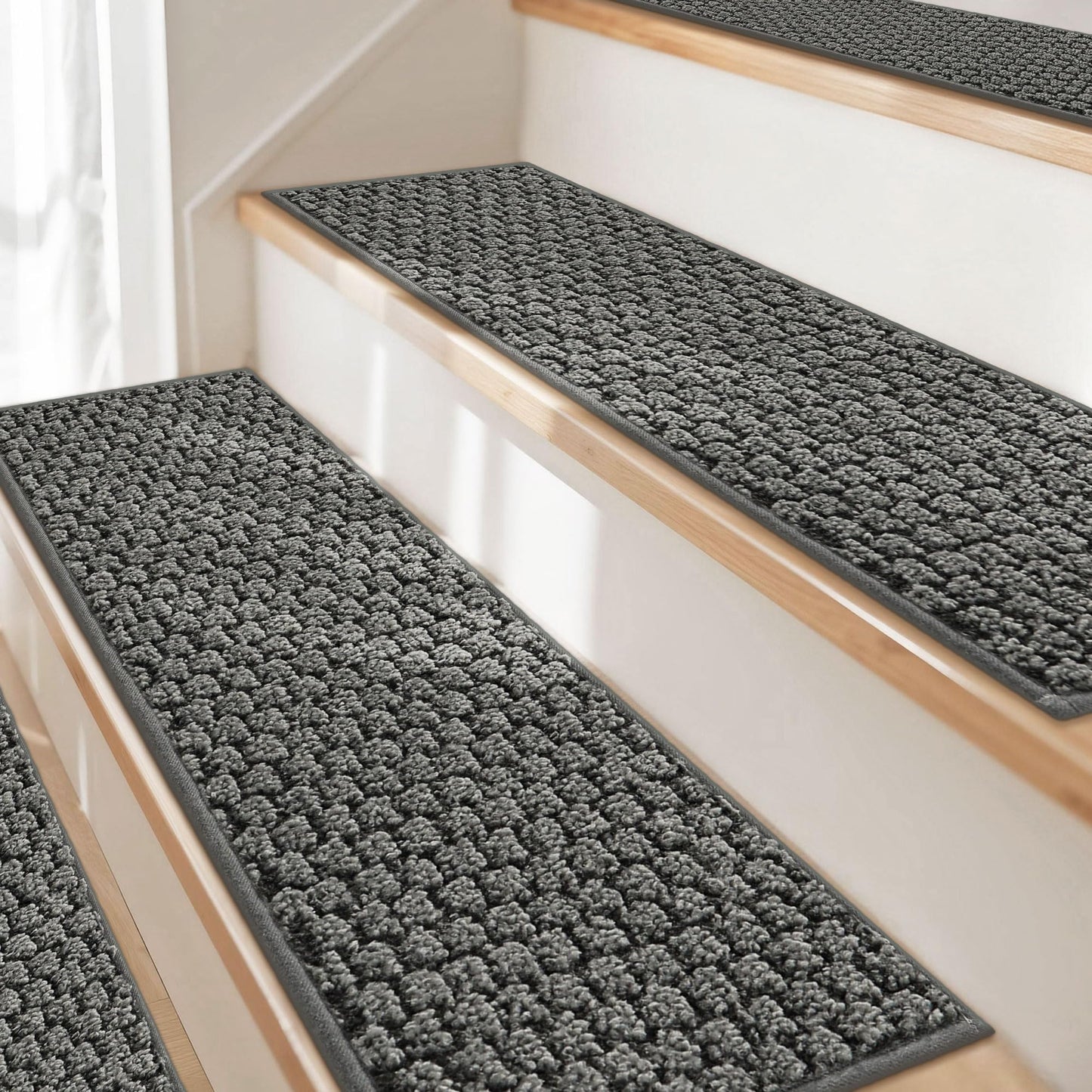 JSEI Stair Treads for Wooden Steps Indoor, Non-Slip Washable Carpet Stair Treads with TPE Backing, Stair Step Mats for Wood Stairs, 14 Pack, 9" x 28", Light Grey