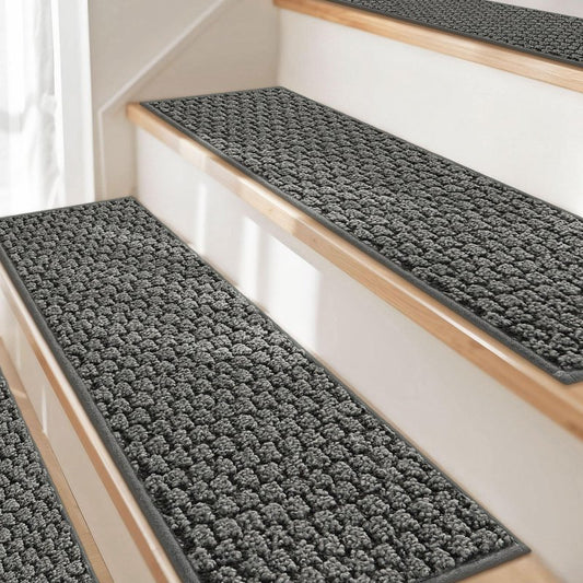 JSEI Stair Treads for Wooden Steps Indoor, Non-Slip Washable Carpet Stair Treads with TPE Backing, Stair Step Mats for Wood Stairs, 14 Pack, 9" x 28", Light Grey