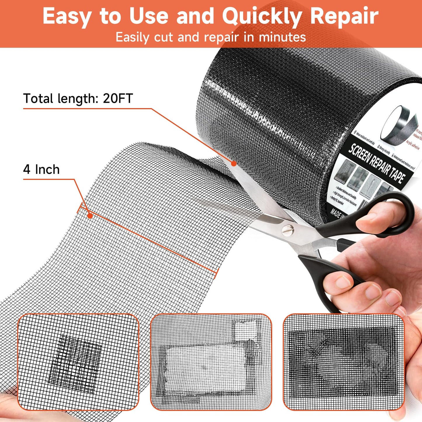 HOFUDON 4in X 20ft Window Screen Repair Tape Black - Heavy Duty 3-Layer Adhesive, Waterproof Fiberglass Mesh Patch Kit for Windows/Doors/Magnetic Screens