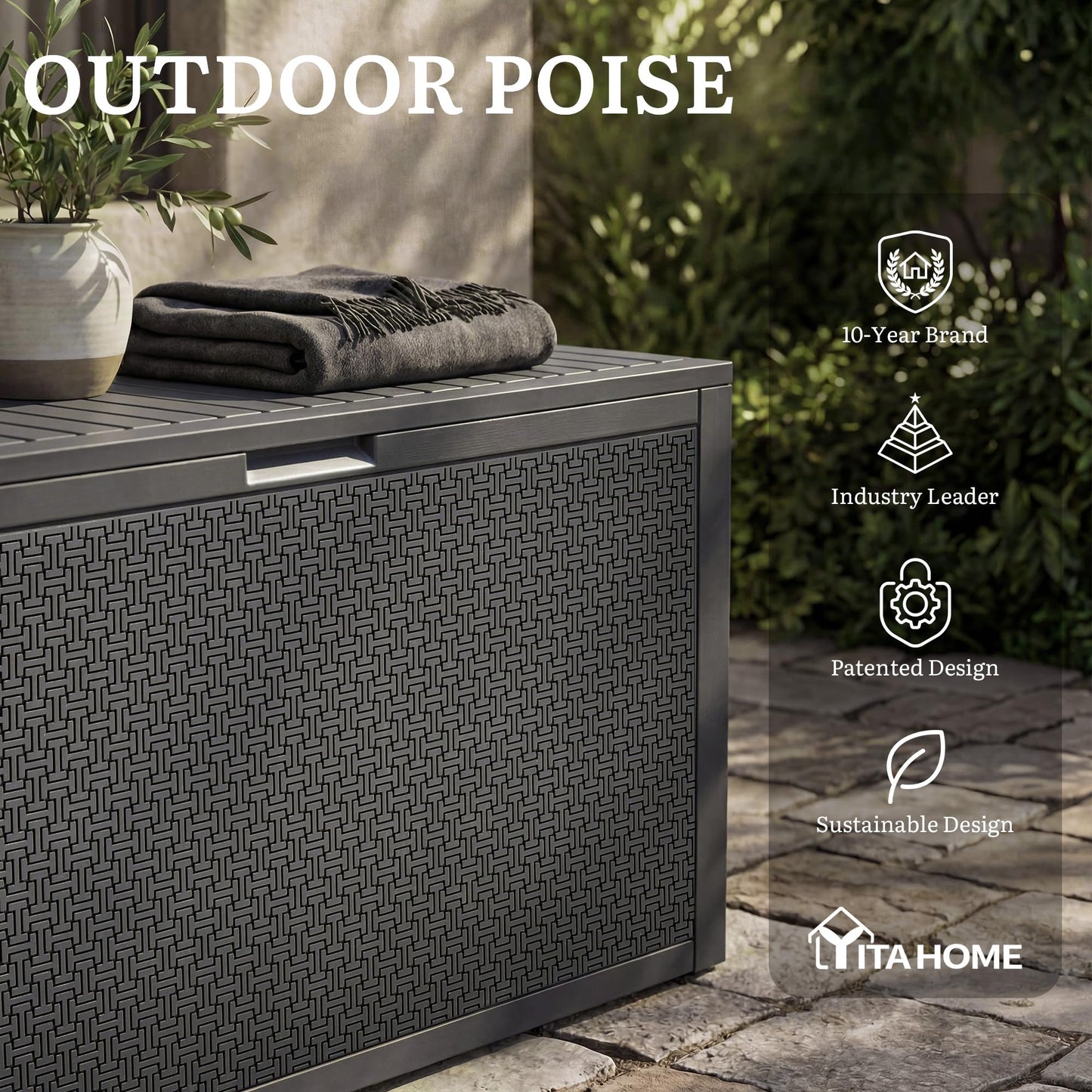 YITAHOME 95 Gallon Outdoor Storage Deck Box, Waterproof Resin Deck Box w/Handles, Lockable Outdside Deck Box for Patio Furniture, Garden Tools, Lockable & UV Resistant(Dark Gray)