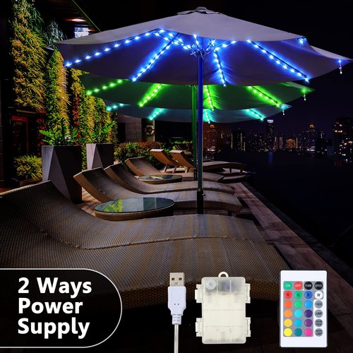 Patio Umbrella String Lights with 16 Color Changing and 12 Modes, Remote Control 104 Ultra Bright LED Beads Waterproof Battery and USB Operated with 8 Light Strings for Patio Umbrellas Camping Tents