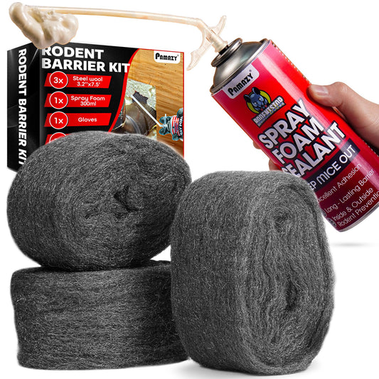 Rodent Barrier Kit, 3PCS Steel Wool Included PU Foam Hole Filler, 3.2"x7.5’ Steel Wool for Mice Control, Rodent Control Fill Fabric, Gloves, Scissors, Gap Blocker in Hole Pipeline Vent in House Garage