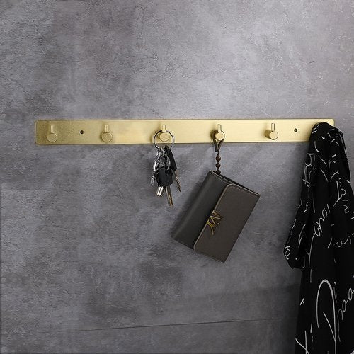 WNEBATH Gold Wall Hooks, Brushed Gold Bathroom Hook Rail, Self Adhesive 6 Hooks Key Hook Rack Hanger Towel Robe Stick Hooks for Toilet Entryway Hallway Kitchen Wall Mounted