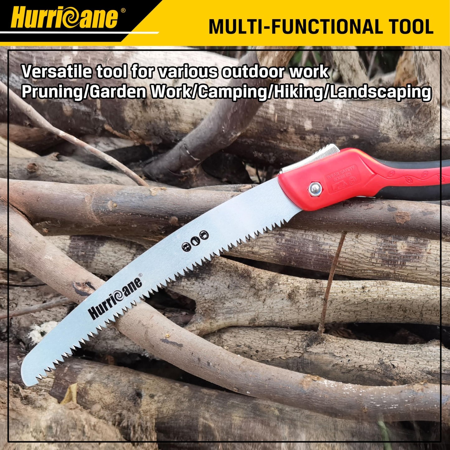 HURRICANE 10" Folding Hand Saw, SK5 Steel Blade with Triple-Cut Razor Teeth – Portable Foldable Pruning Saw for Tree Trimming, Camping, Bushcraft & Gardening, Non-Slip Ergonomic Handle