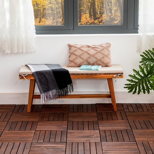 VICTORY RELAX Acacia Wood Patio Deck Tiles - 9 Pcs 6 Slats Interlocking Decking Tiles for Patio Decor, Waterproof Indoor & Outdoor Use, Balcony Garden Decking Tile (11.8 * 11.8 * 0.9 inches) Brown