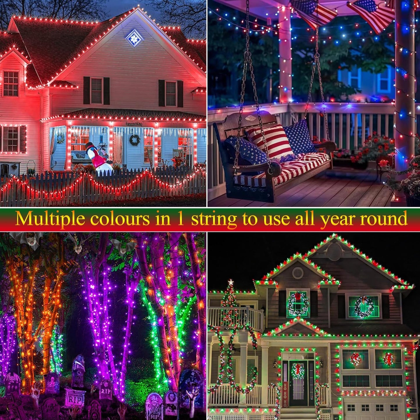 Joomer Red Blue White String Lights Outdoor, 100FT 300LED RGB Lights with Remote Timer Memory, Waterproof Indoor Outdoor 4th of July Independence Day Memorial Day Patriotic Yard Garden Decor