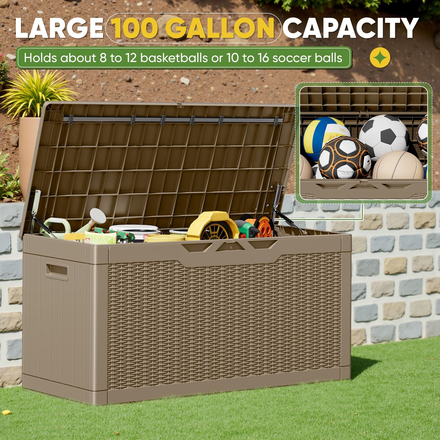 Greesum Outdoor Storage Box 100 Gallon Storage Bin with Lid for Patio Furniture, Garden Tools, Pool Supplies, Lockable, Waterproof and UV Resistant, Light Coffee