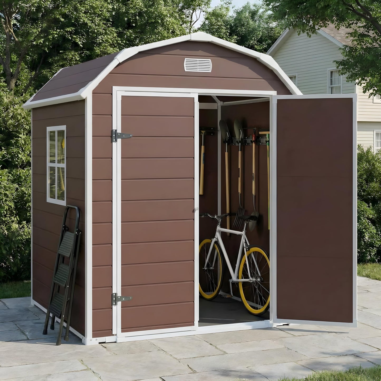6x4.5 ft Resin Storage Shed with Floor, Outdoor Garden Shed for Backyard, Large Plastic Storage Shed with Double Doors, Weatherproof Tool Shed for Bike, Patio, Lawn