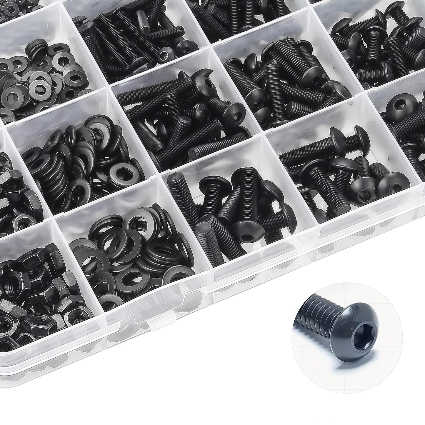 WZHUIDA 630 Pcs M3 Screws Assortment Kit, M3x6mm/8mm/10mm/12mm/16mm/20mm/25mm/30mm, Metric Hex Button Head Socket Cap Screws Nuts Washers Kit with Wrench, Black Zinc Plated