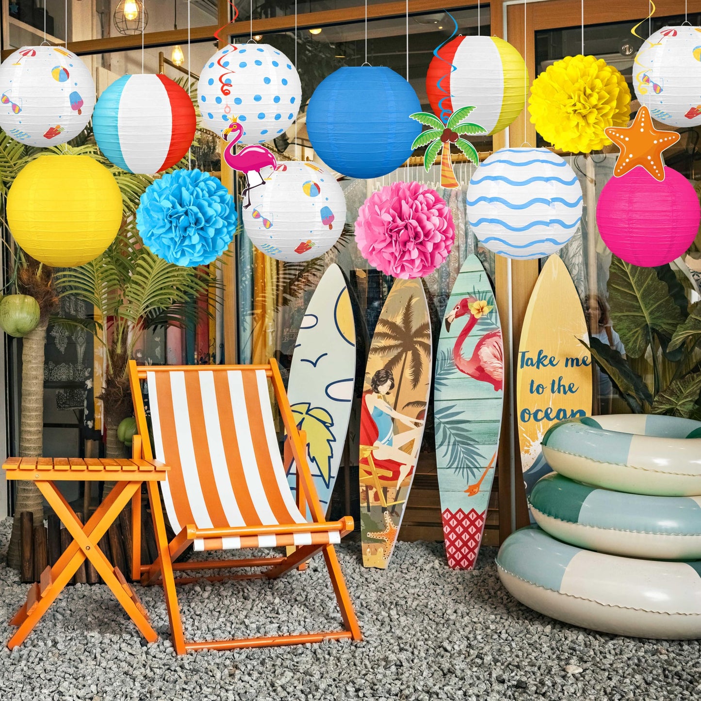 16Pcs Summer Party Decorations Paper Lanterns Pom Poms Hanging Swirls - Beach Pool Luau Hawaiian Tropical Hanging Decor for Home Birthday Outdoor Indoor