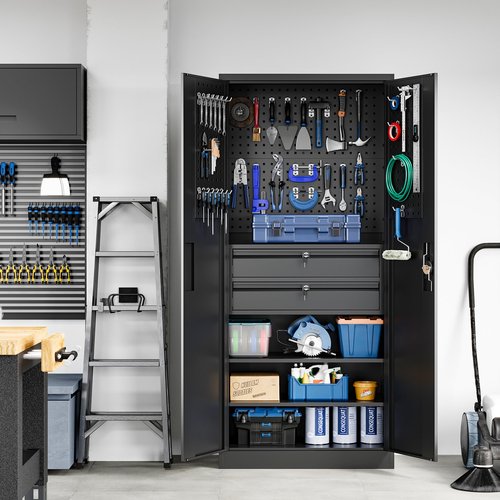Yizosh Metal Garage Storage Cabinet with Locking Doors and 2 Drawers, Heavy Duty Steel Tool Cabinet with Pegboard, 71" - Lockable Cabinets for Garage, Warehouse, Basement (Black)