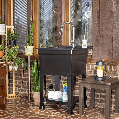 UTILITYSINKS Freestanding Utility Tub Sink with Quick Connect Drain, 24 x 24", Black - Portable and Compact Sink with Faucet for Outdoor Kitchen, Laundry Room, Garage, and Basement