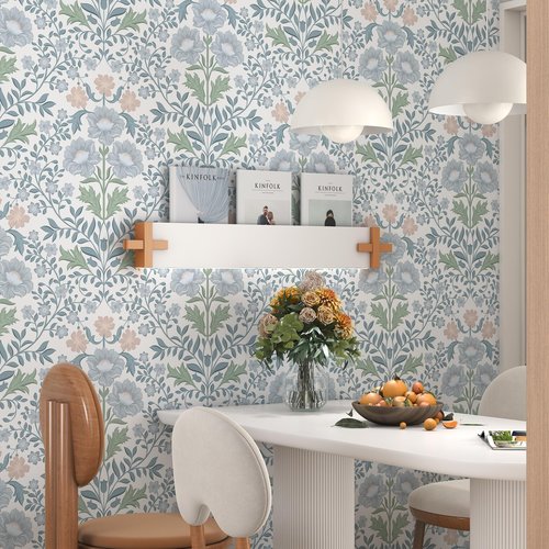 Floral Wallpaper Peel and Stick Wallpaper 17.3"x78.8" Boho Contact Paper Removable Self Adhesive Wall Paper for Bathroom Bedroom Blue and White Wildflower Wallpapers for Walls Home Decorate Vinyl