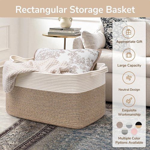 Goodpick Large Woven Blanket Basket, 21.6" x 14.9" x 11.8" Storage Baskets for Organizing, Rectangle Cotton Rope Toy Basket for Living Room, Bedroom, White & Brown