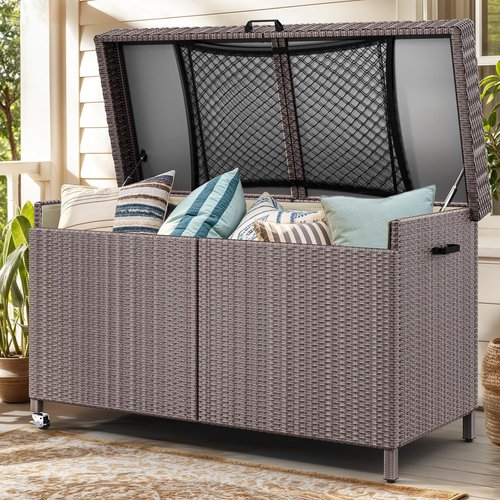 YITAHOME 200 Gallon Outdoor Storage Box w/Storage Net, Rattan XL Outdoor Deck Box, Patio Cushion Storage, Outside Storage Box for Patio Furniture, Garden Tools, Pool Sports Equipment (Brown)