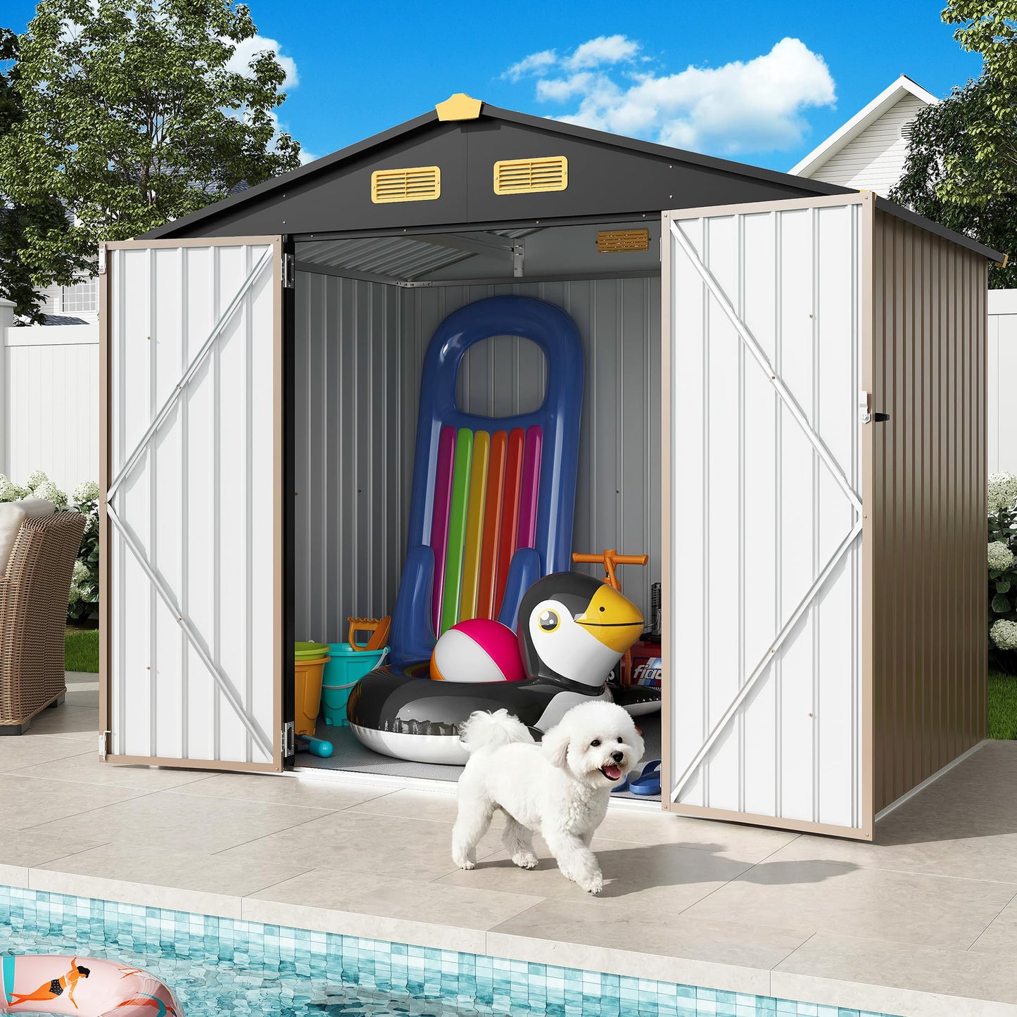 IRONCK 7.7x5.7 FT Storage Shed, Outdoor Metal Tool Shed with Breathable Vents and Lockable Doors, All-Weather Tool Storage for Patio, Outside, Poolside, Brown