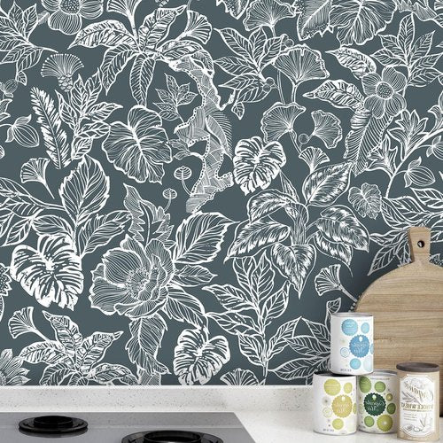 Fititem Peel and Stick Wallpaper Modern Boho Contact Paper Cabinet Dark Gray-Blue White Removable Self Adhesive Contact Paper Floral Tropical Leaf Waterproof Wallpaper Bathroom Bedroom 17.3inW 197inL