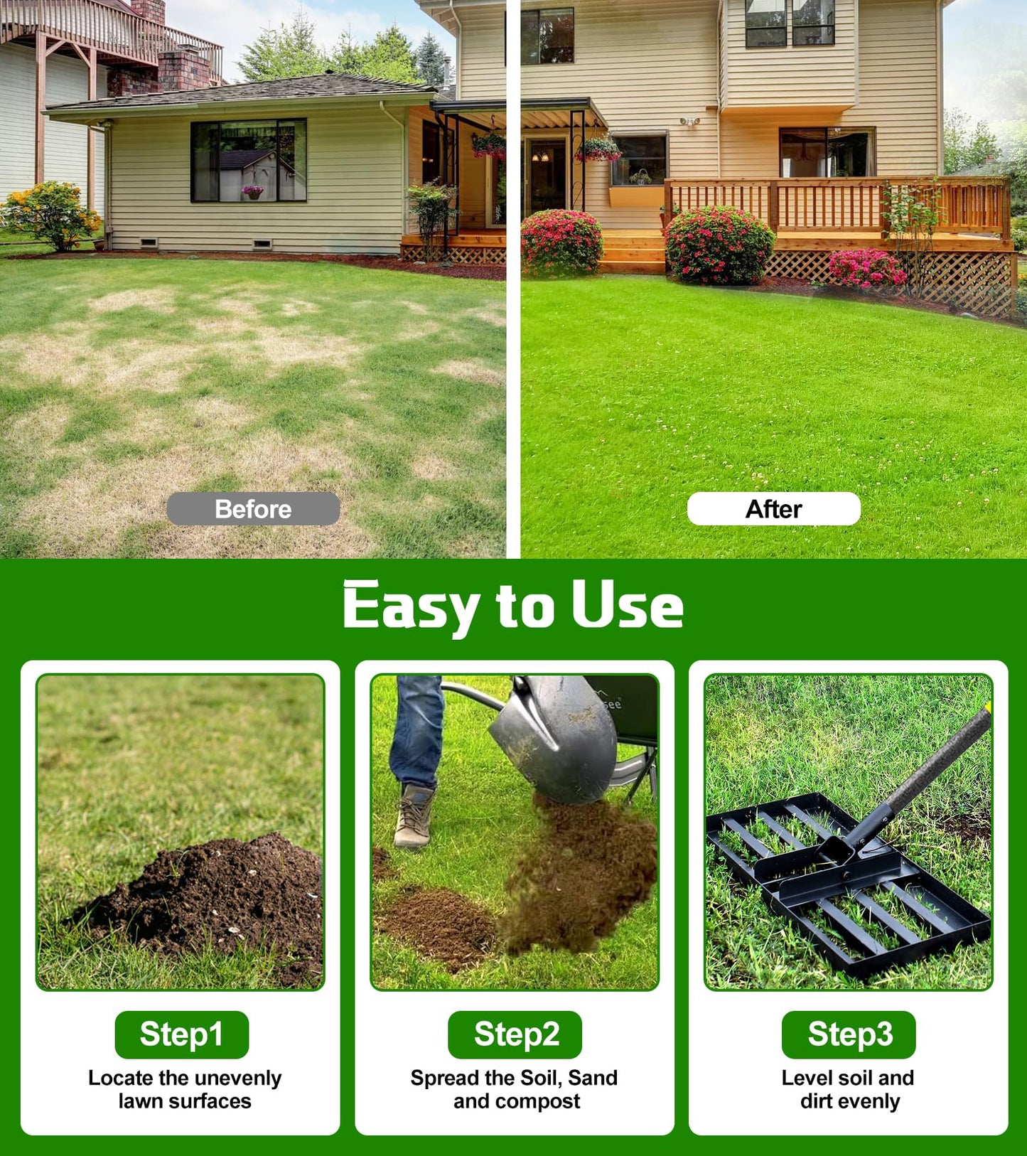 Lawn Leveling Rake 17x10 Inch , Heavy-Duty Yard Leveling Rake 6.2FT Leveler Tool for Soil, Sand & Topsoil, Backyard, Garden, Golf Course