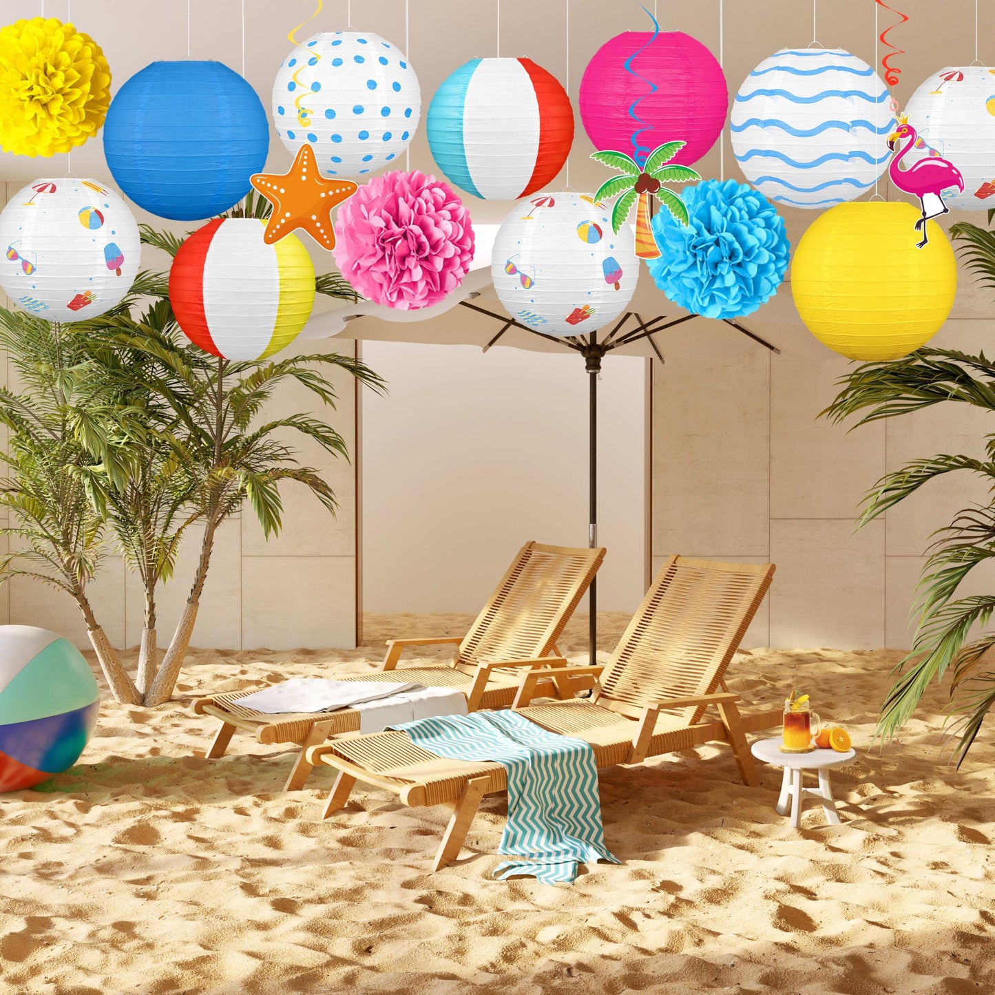 16Pcs Summer Party Decorations Paper Lanterns Pom Poms Hanging Swirls - Beach Pool Luau Hawaiian Tropical Hanging Decor for Home Birthday Outdoor Indoor