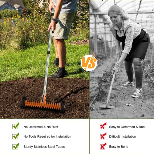 JouZYA Lawn Thatch Rake, 15-Inch Steel Dethatching Tool, Adjustable 0-15° Angle and 38-68 Inch Length, Heavy-Duty Yard Rake for Dead Grass Removal and Lawn Care (Tangerine)