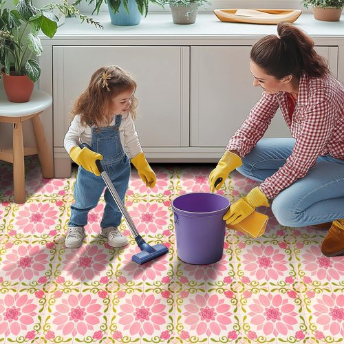 HOMETITUTE 10PCS 12x12 Inch Pink Rose Floral Peel and Stick Floor Tiles Removable Self Adhesive Vinyl Flooring Stickers for Bathroom Bedroom Kids Room Home Decor