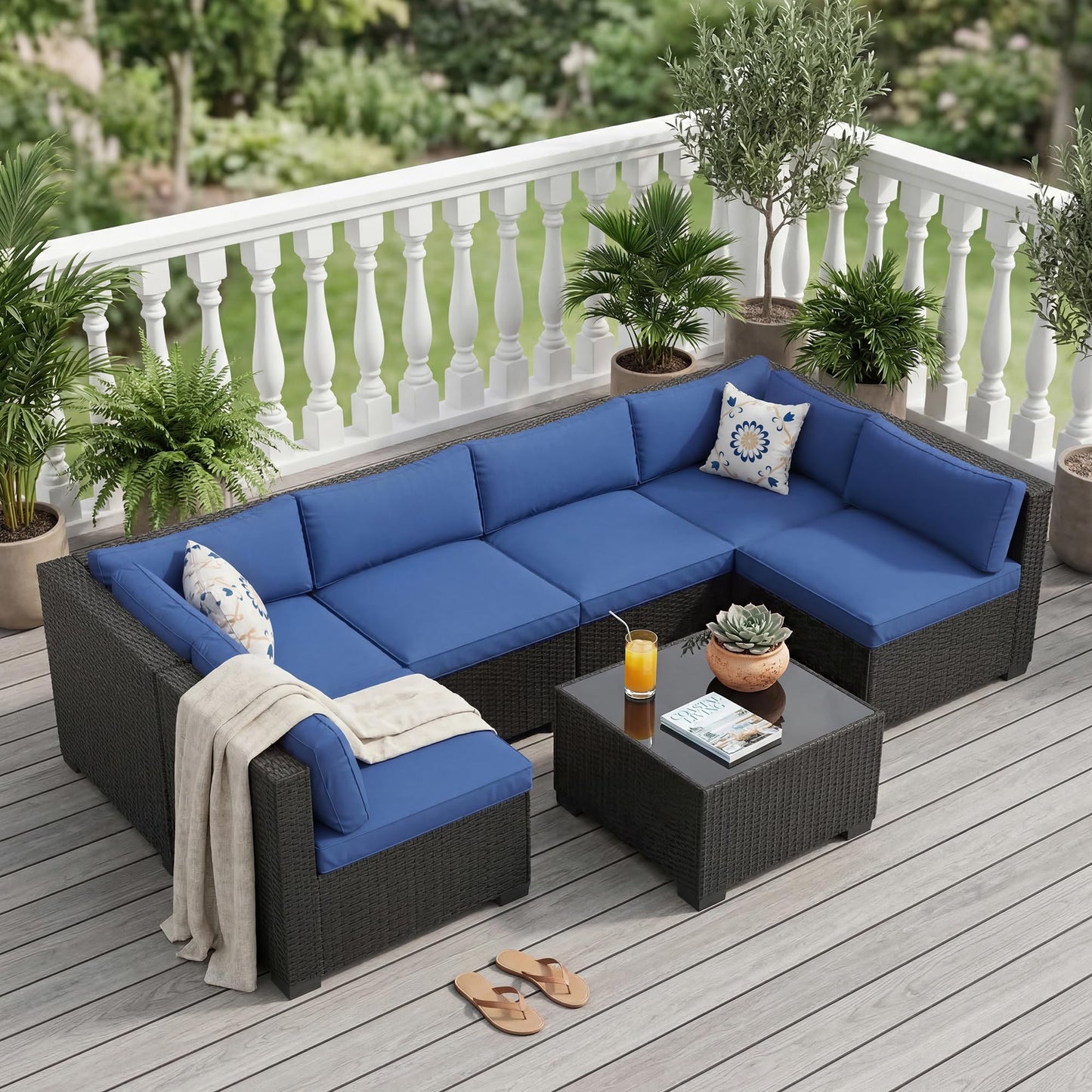 GarveeHome 7-Piece Modular Outdoor Patio Set, Sectional Rattan Wicker Sofa with Water-Resistant & Washable Thick Blue Cushions, Includes Coffee Table, Black Frame for Garden, Deck, Poolside