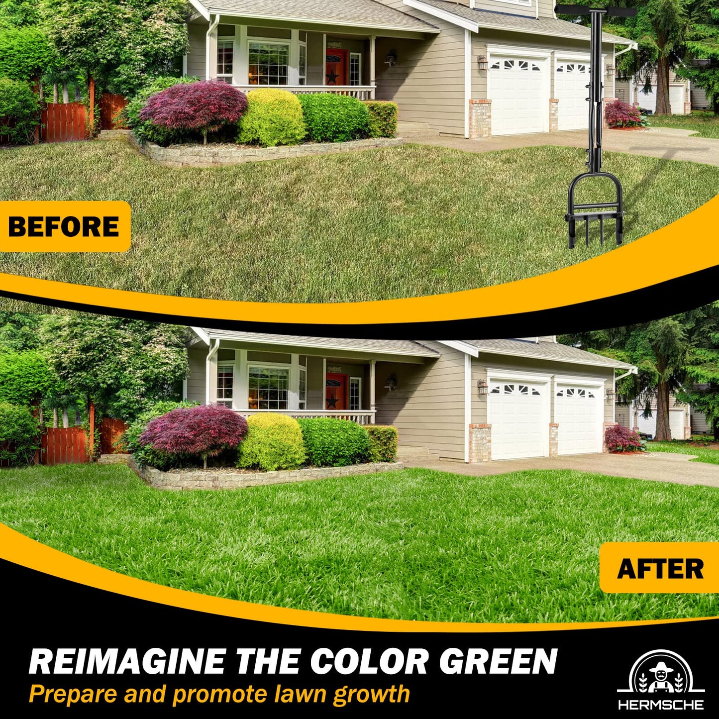 Hermsche Lawn Aerator Coring Tool, Manual Plug Core Aerators with Cleaning Stick, 2 Half-Open Hollow Slot Tines and 2 Spike Heavy Duty Grass Aeration Tool for Soils Yard Garden