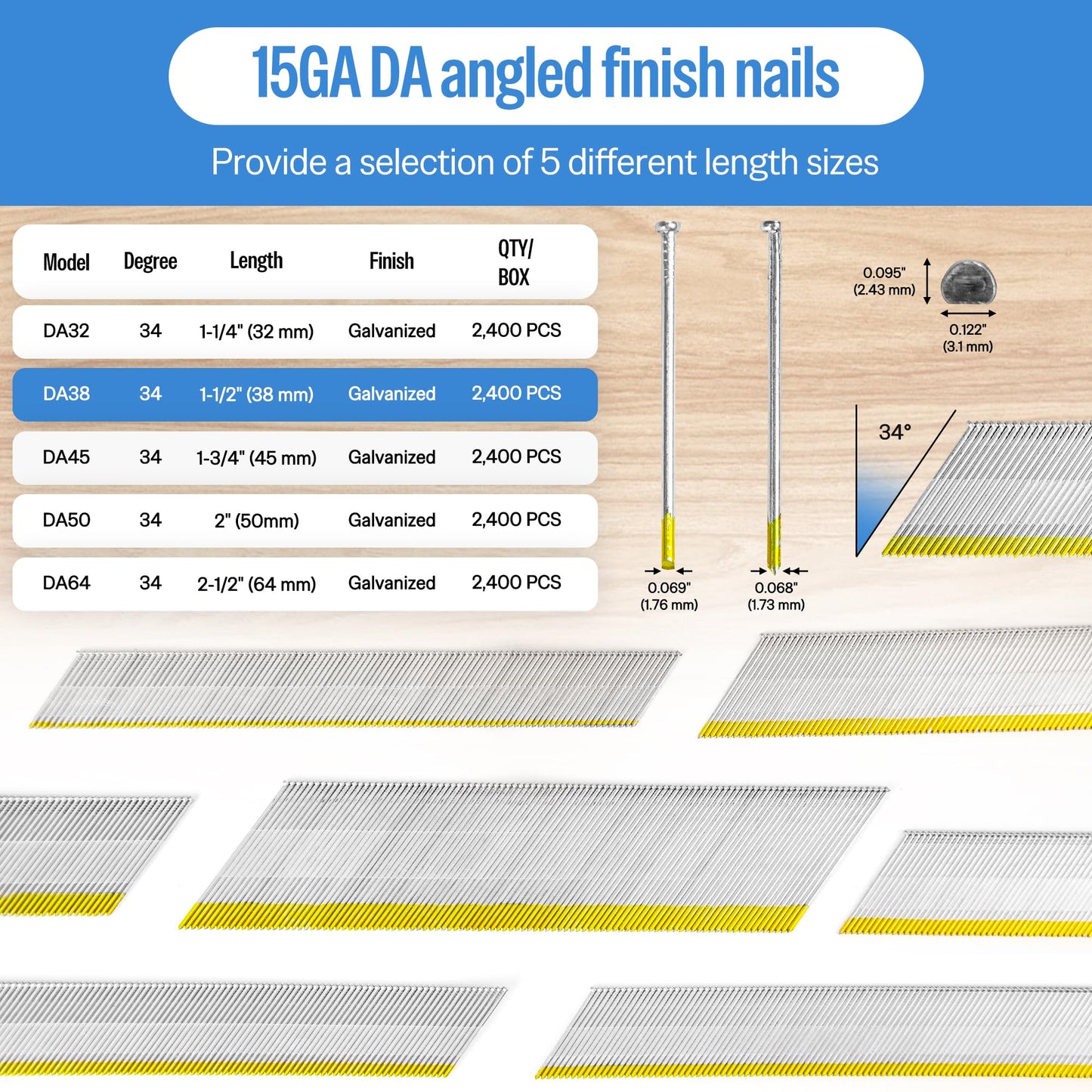 meite 15 Gauge Angled Finish Nails 1-1/2 Inch 34 Degree Nails for Pneumatic or Electric Finish Nailer, Galvanized No-Rust Finishing Nail for Cabinet Crown Baseboard Window Casing, DA Style 19,200 PCS