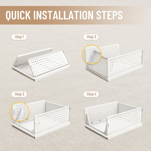 Pinkpum Stackable Plastic Storage Basket, Foldable Closet Organizers and Storage Bins 4 Pack Drawer Shelf Storage Container for Wardrobe Kitchen Bathroom Office Dorm Off White