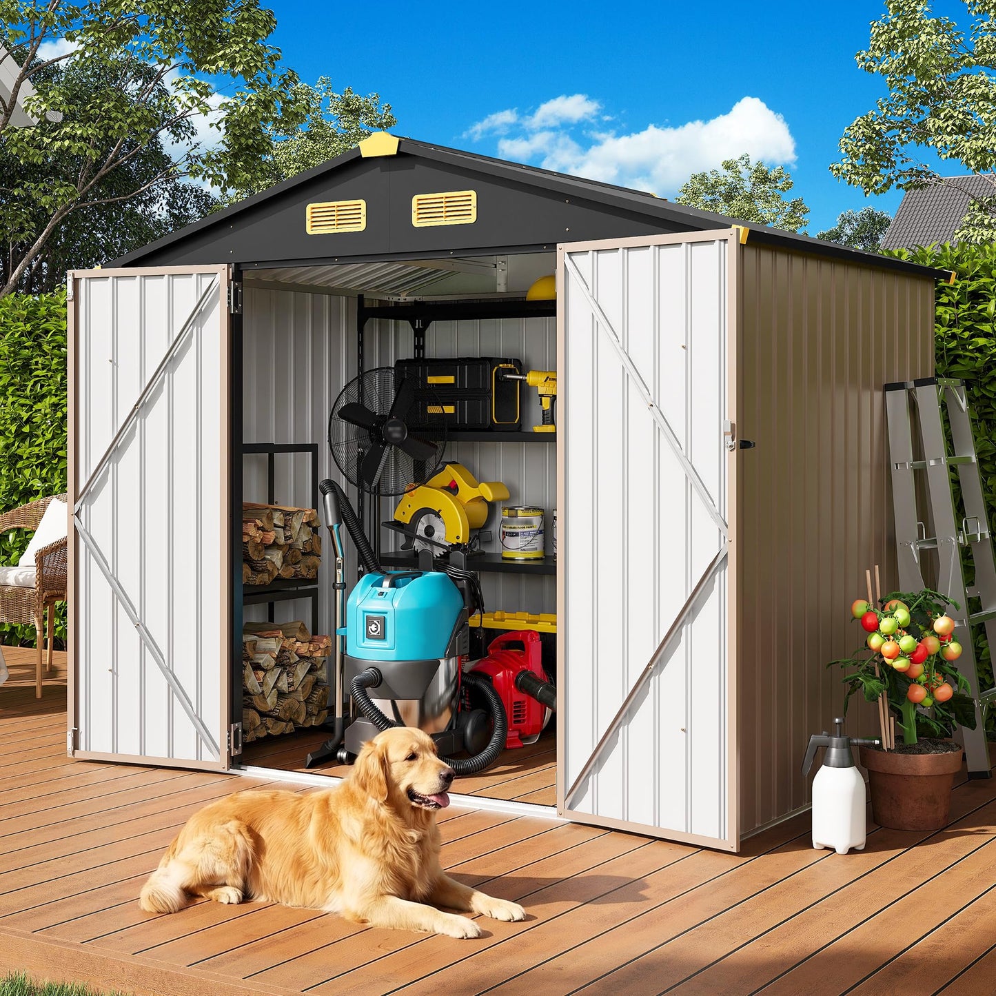 IRONCK 7.7x5.7 FT Storage Shed, Outdoor Metal Tool Shed with Breathable Vents and Lockable Doors, All-Weather Tool Storage for Patio, Outside, Poolside, Brown