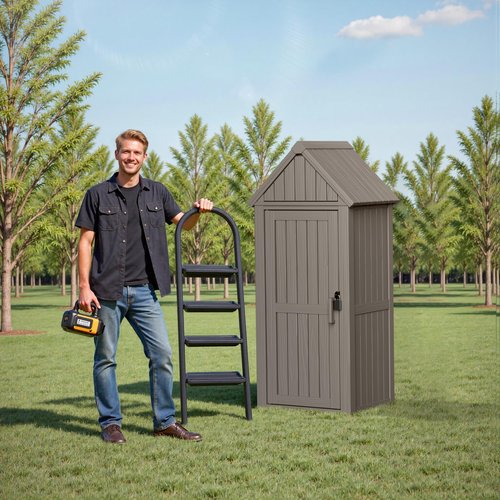 ASKPASS Outdoor Storage Shed,Resin Storage Cabinet with Lockable Door,Removable Shelves,Reinforced Floor,Durable and Weatherproof Shed for Backyard Garden Patio Lawn(Grey)