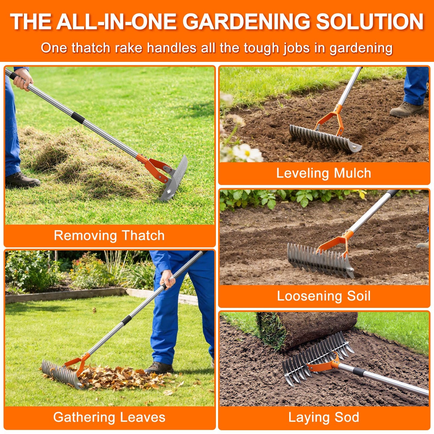 Thatch Rake for Lawn with 68" Adjustable Handle, 15" Heavy Duty Dethatcher Rake for Lawn, Thatching Rake with Dual-Action Tines, Dethatching Rake for Efficiently Removes Dead Grass, Loosens Soil