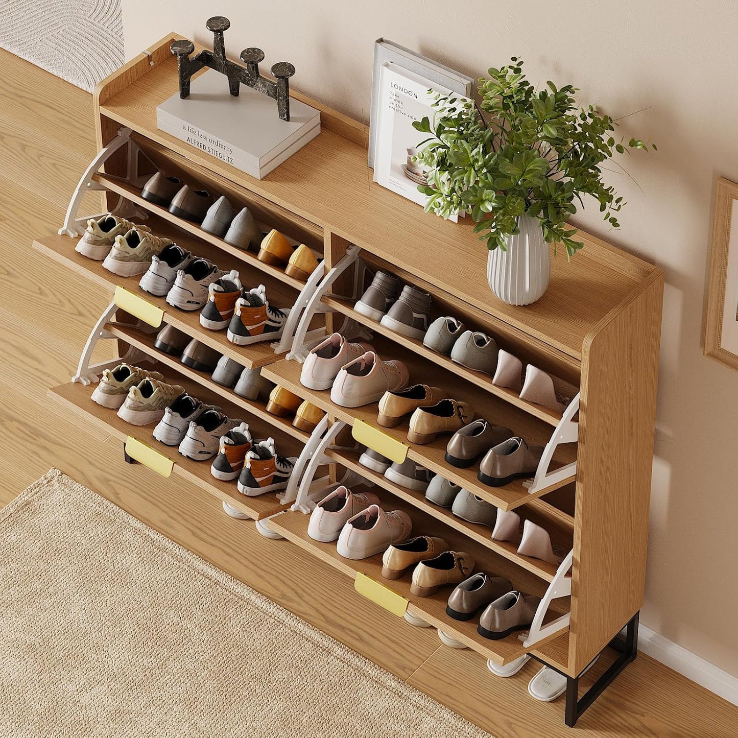 Narrow Shoe Storage Cabinet, Freestanding Shoe Cabinet Organizer for Entryway, Hallway (Oak, 4 Flip)