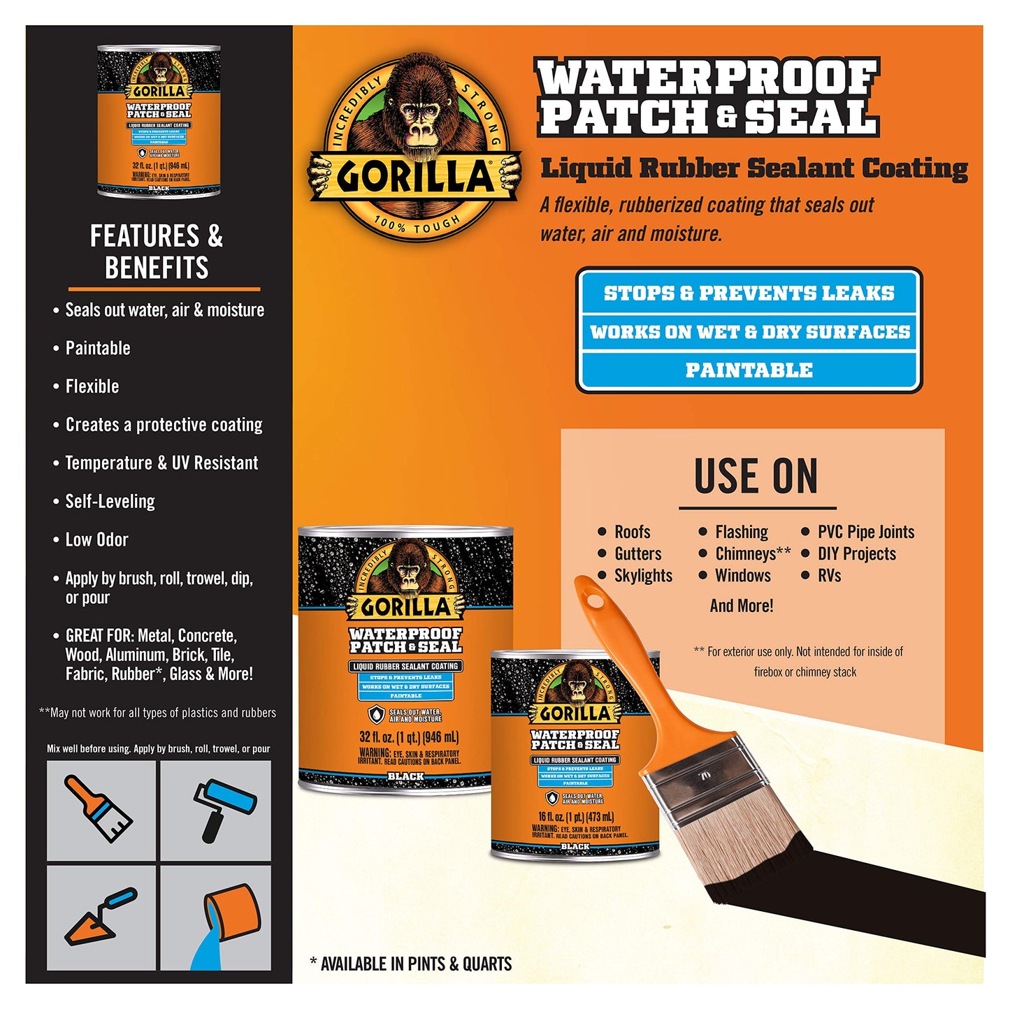 Gorilla Patch & Seal Liquid Rubber Waterproof Sealant, Black, 32 Ounce (Pack of 1) - Seals Out Water, Air, and Moisture