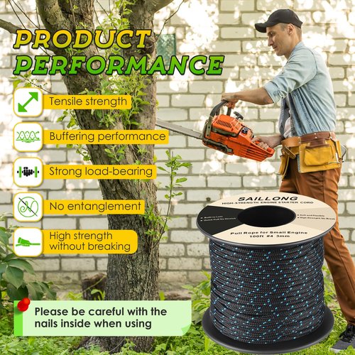 Saillong 100' Starter Rope, Pull Cord Rope for Small Engine with 2 Starter Handle, 3mm Diameter High wear Resistant, Low Stretch, Replacement for Lawn Mower Chainsaw Trimmer Edger Brush Cutter Engine