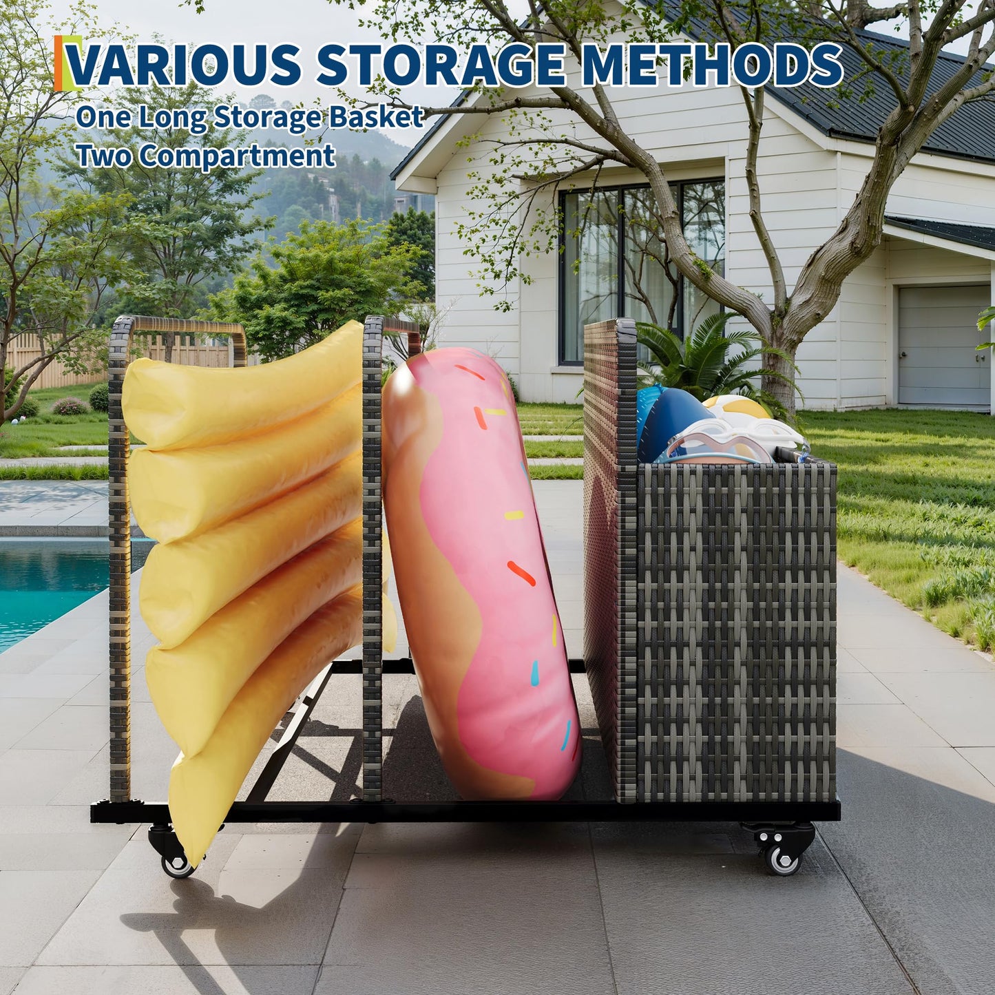 Pool Float Storage Organizer with Rolling Wheels, Outdoor Wicker Rattan Pool Caddy & Toy Storage Basket for Poolside, Patio & Deck, All-Weather PE Rattan Pool Caddy, 2 Open Compartments, Grey