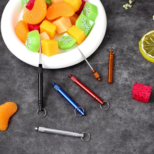 5 Pcs Metal Fruit Pick Portable Reusable Fruit Pick Stainless Steel Titanium Fruit Pick with Protective Holder for Outdoor Picnic Camping Traveling, 5 Colors