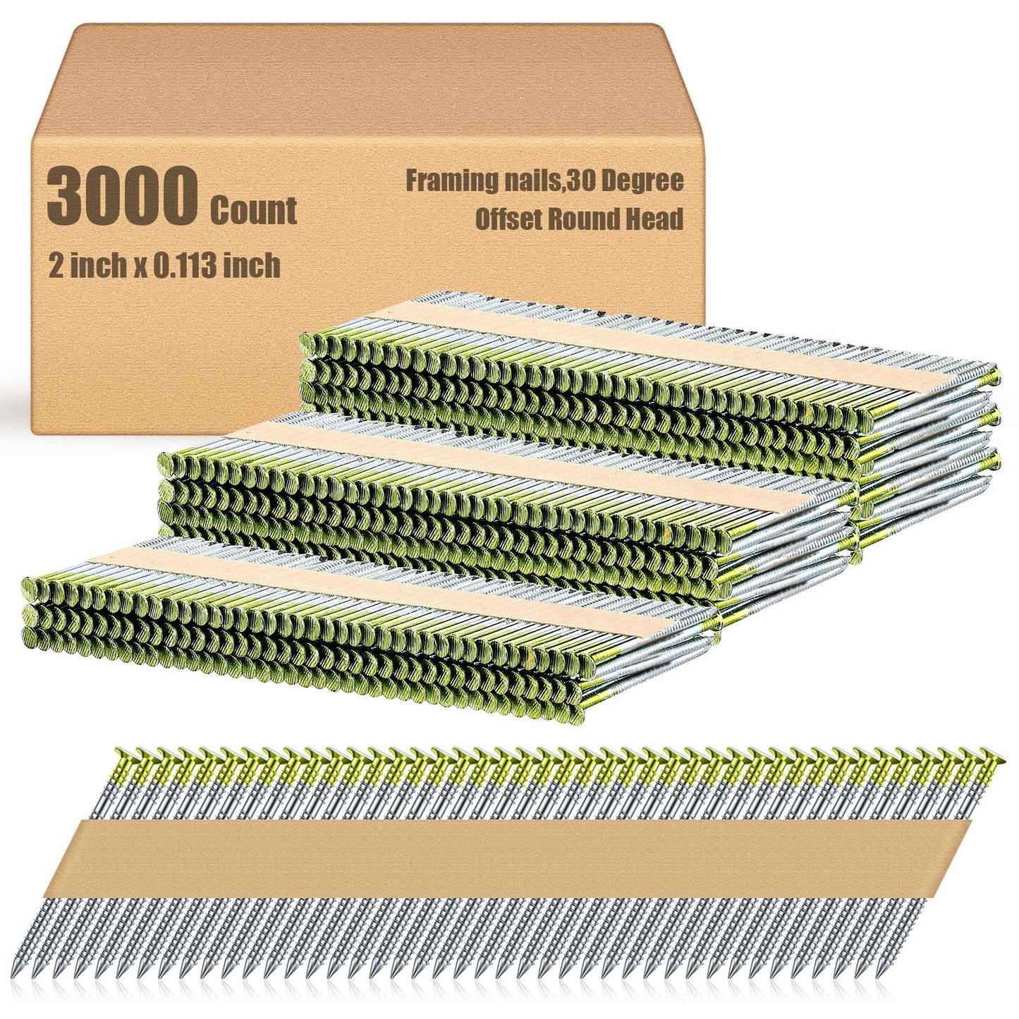 Yaocom Framing Nails, 30 Degree, Offset Round Head, Galvanized, 30 Degree Collated Framing Nails for Most 30-34 Degree, Paper Tape Collated Framing Nails, 2" x 0.113", 3000 Count