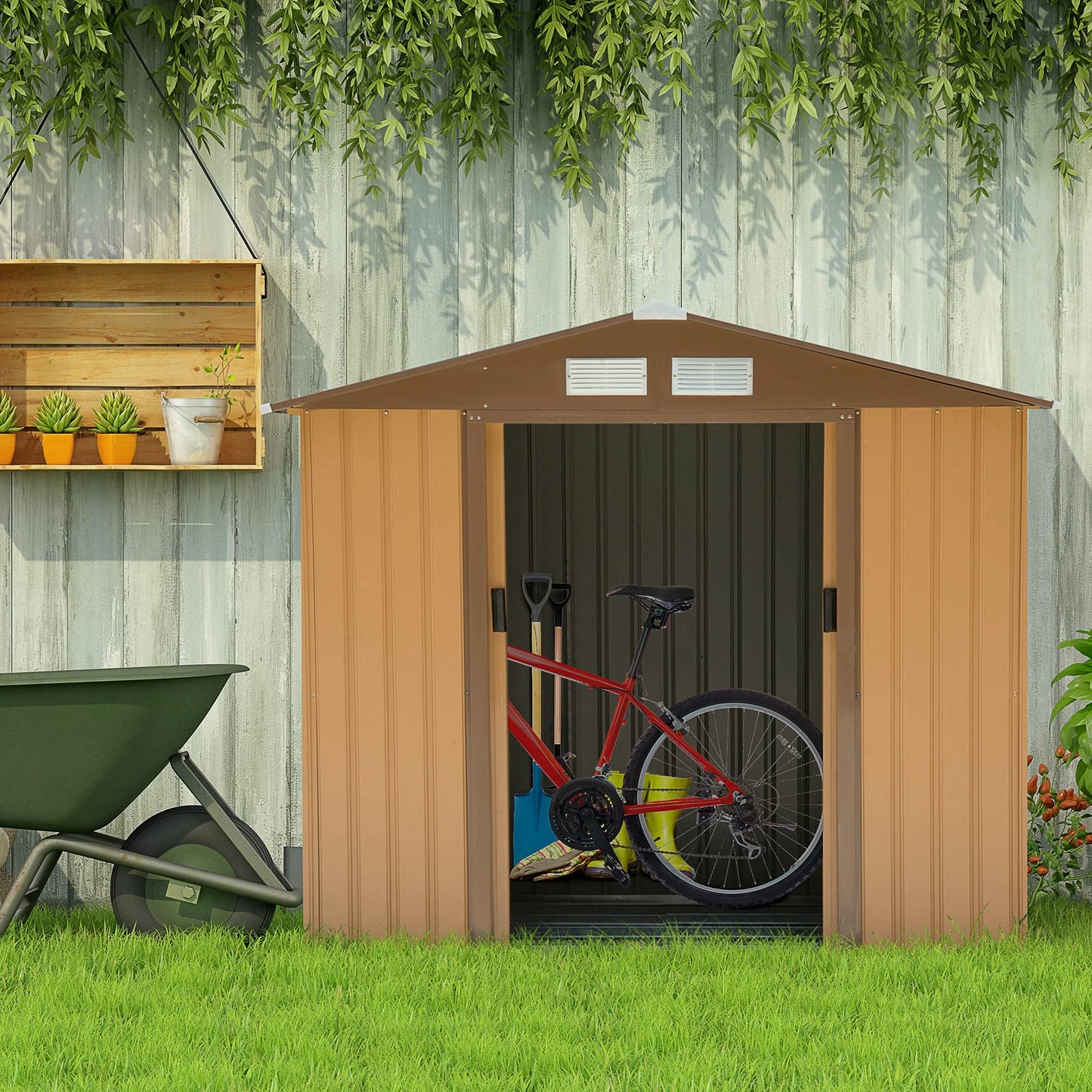 Outsunny 7' x 4' Outdoor Storage Shed, Garden Tool Metal Shed with Foundation Kit, Double Lockable Door, Air Vents and Sloping Roof, for Backyard, Patio, Lawn, Yellow