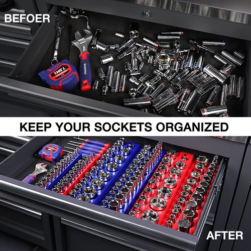 WORKPRO Magnetic Socket Organizer Set, 6-Piece Socket Holder Set Includes 1/4", 3/8", 1/2" Drive Metric SAE Socket Trays, Holds 143 Pieces Sockets, Christmas Gift for Men(Socket not Included)